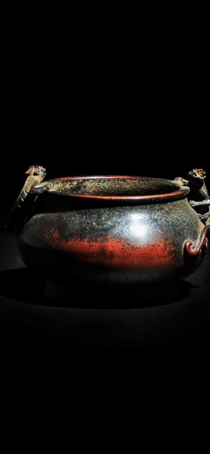 明代 玉堂清玩 款 精铸铜胎醇美包浆螭龙耳炉y