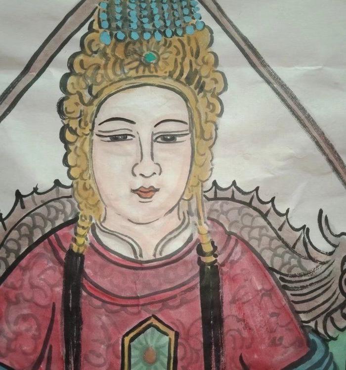 保证纯手工绘画妈祖和她的两个神仙宫女人物画国画四尺大尺寸神像