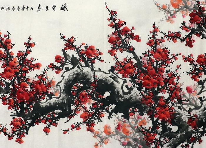 *斌纯手绘国画花鸟字画收藏办公四尺红梅报春梅花图