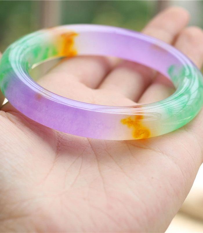 翡翠冰种三色圆条手镯三彩紫罗兰绿色玉镯女款细条玉石手镯子