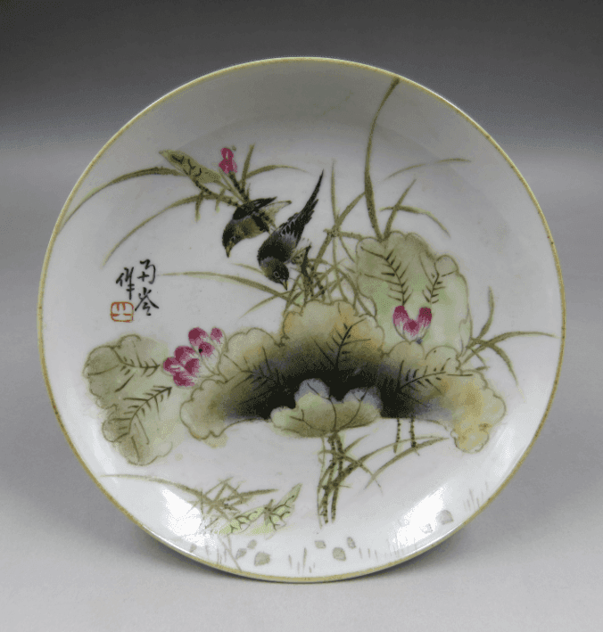 刘雨岑 浅绛彩花鸟纹高脚盘一对