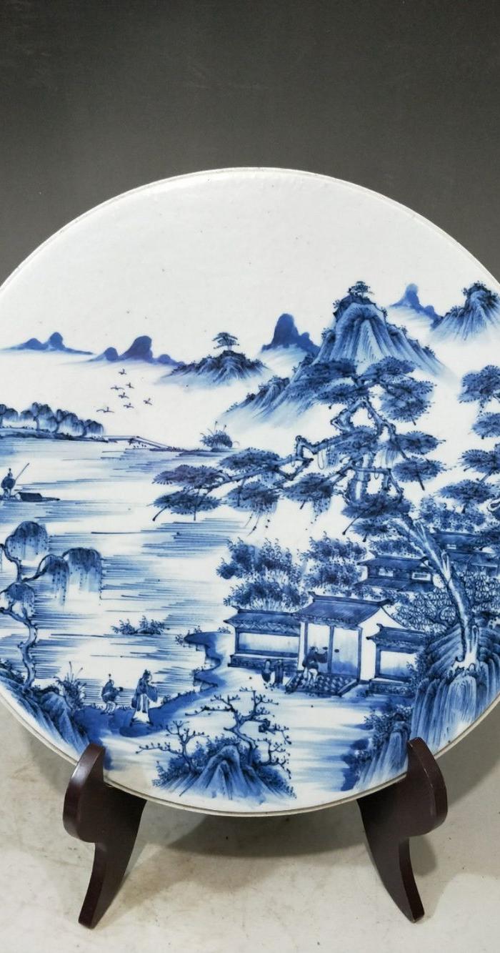 清代 青花山水圆瓷板_地摊交易_华夏收藏网
