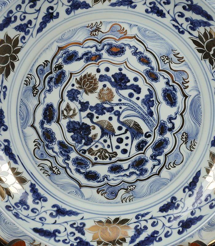 元青花描金鹭鸶纹葵口盘8 45