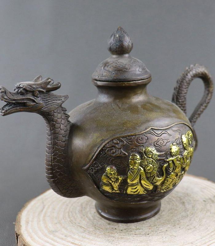 纯铜器鎏金八仙过海龙嘴壶