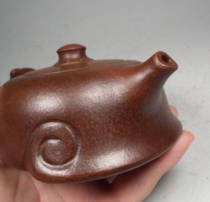 老红泥紫砂时大彬款兰花如意腿大扁茶壶