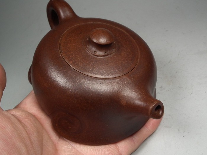 老红泥紫砂时大彬款兰花如意腿大扁茶壶