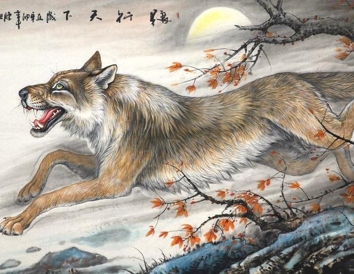 陈钢纯手绘国画字画收藏走兽六尺狼工笔画狼行千里