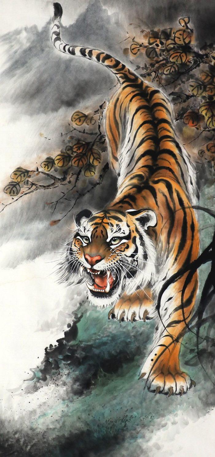 黄云飞手绘国画走兽老虎猛虎图六尺无款上山虎下山虎