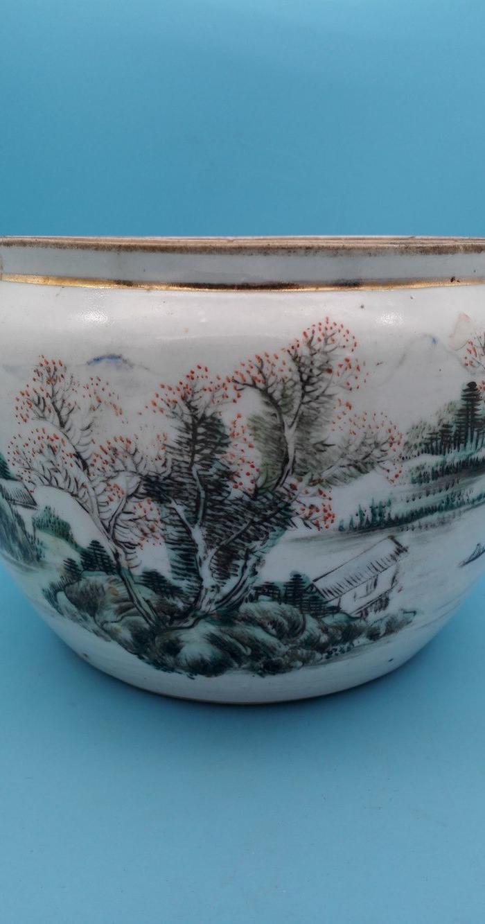 民国早期名家李复茂作粉彩青绿山水纹罐