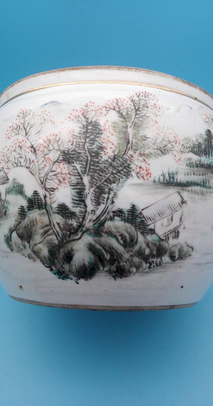 民国早期名家李复茂作粉彩青绿山水纹罐