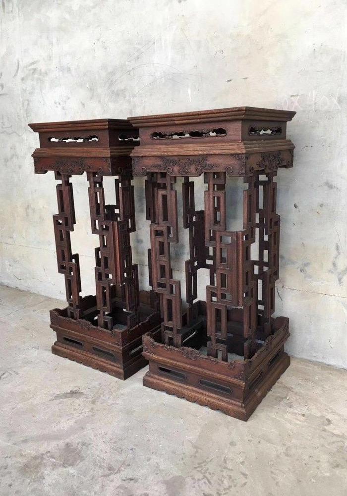 收藏老木器明清家具文玩古董海南黄花梨满鬼脸油梨花架一对雕刻