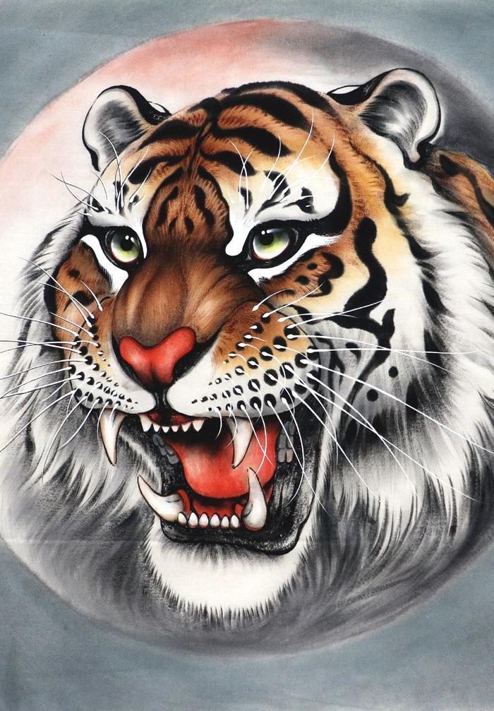 黄云飞国画字画手绘四尺斗方老虎头上山虎下山虎