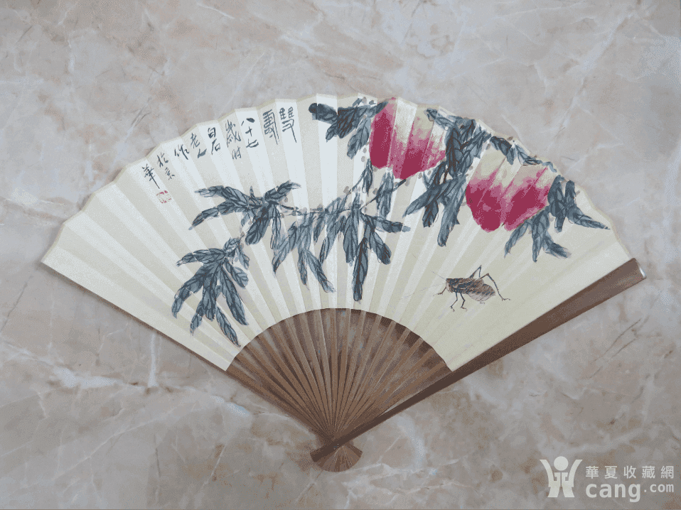 齐白石 双寿螳螂捕蝉图扇子
