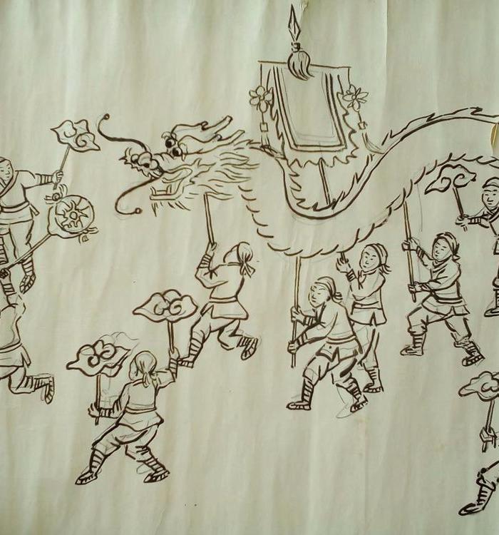 包邮一口价,原创作品水墨画人物画,吉庆百子图之舞龙,不是宣纸