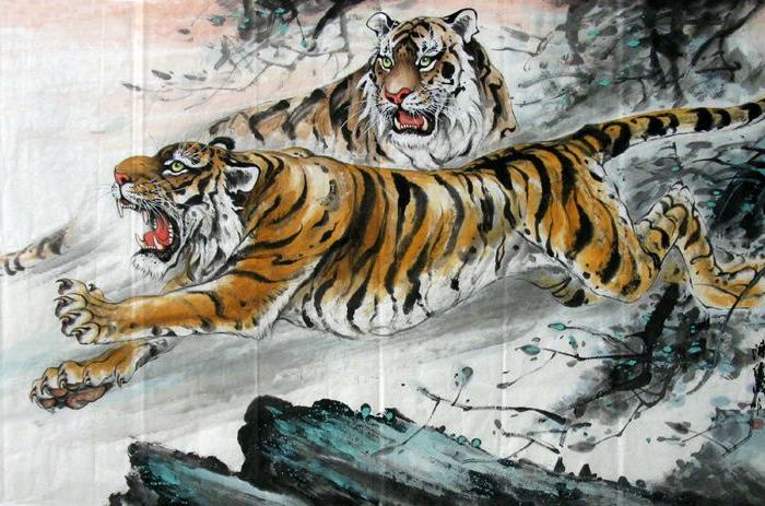 陈缘成书画真迹手绘六尺精品走兽虎双雄图