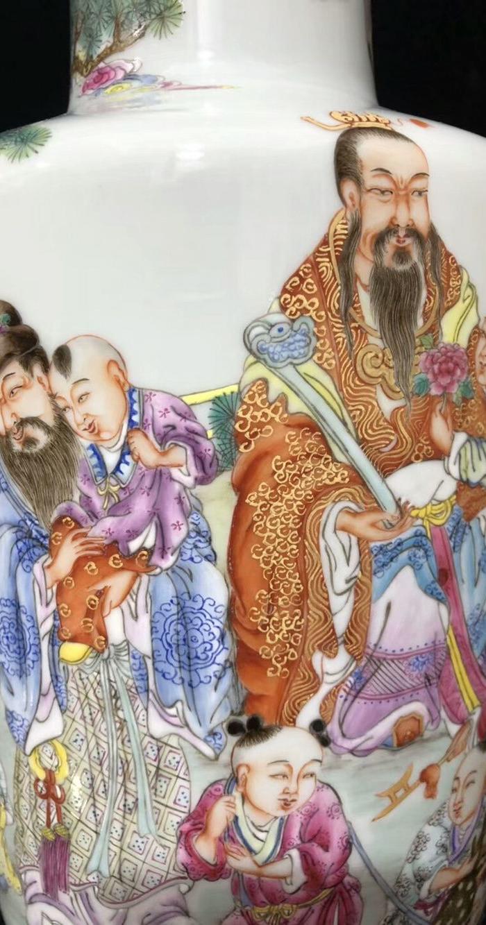 雍正 粉彩福禄寿人物棒槌瓶