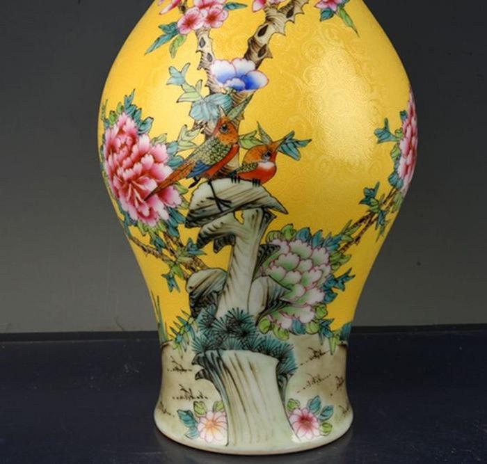 大清雍正年制黄地粉彩花鸟纹花瓶 古玩古董古瓷器老货收藏