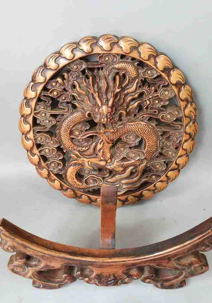 清代传世老黄杨木雕龙屏摆件