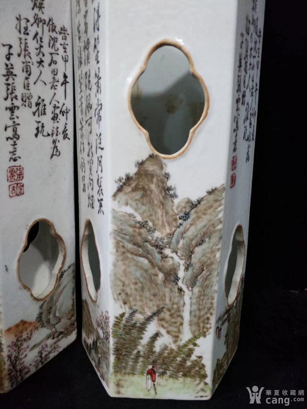 民国张子英浅绛彩山水六方帽筒