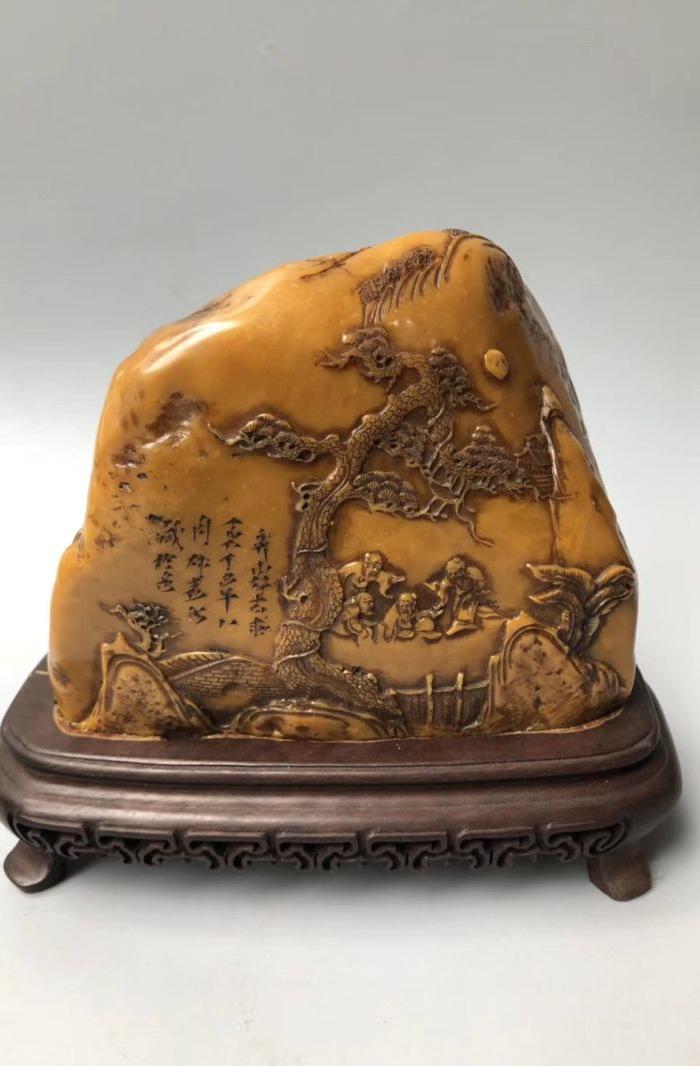 寿山石原石雕刻松下对弈图摆件