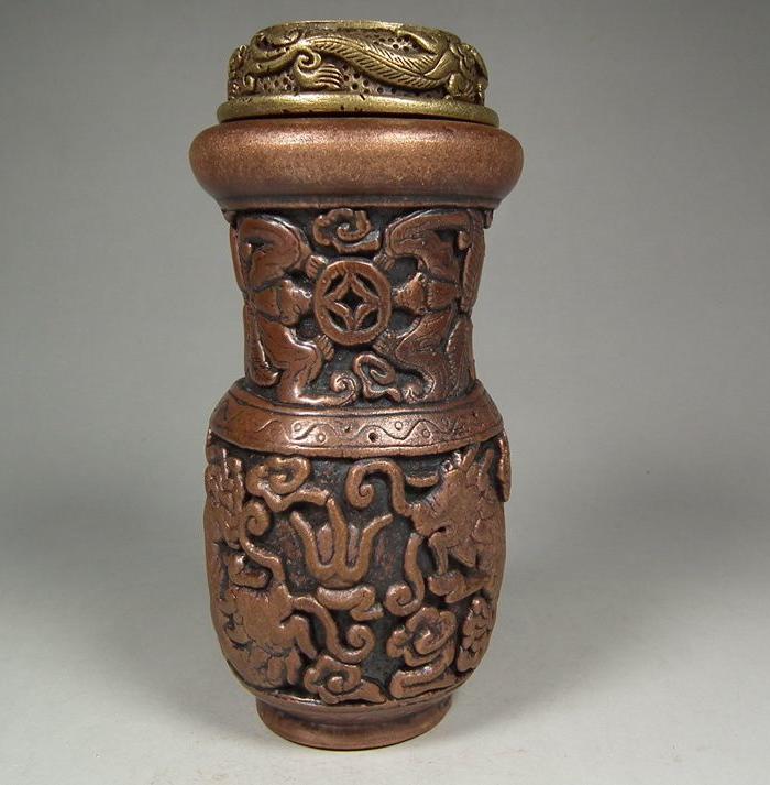 工艺品 杂项 老红铜摹印寿桃蝙蝠金钱双龙戏珠文玩大蝈蝈笼