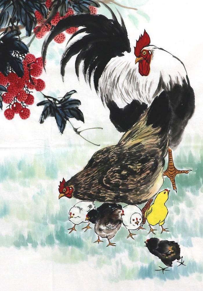 周芳国画字画收藏花鸟画手绘真迹四尺斗方公鸡大吉图