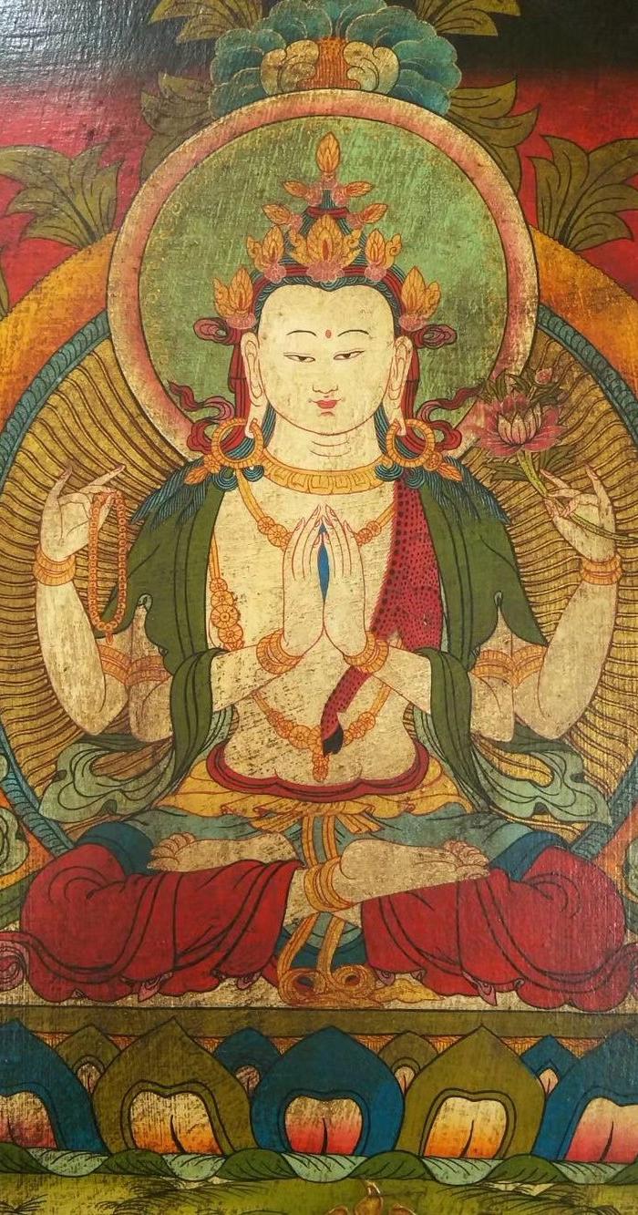 西藏老纯手工画彩绘木头四臂观音唐卡