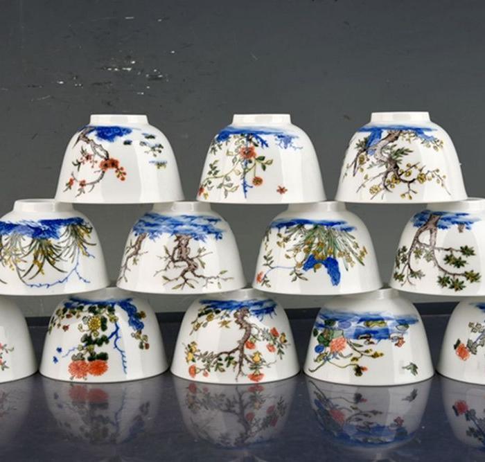 大清康熙年制斗彩十二花神杯 古玩古董古瓷器老货收藏