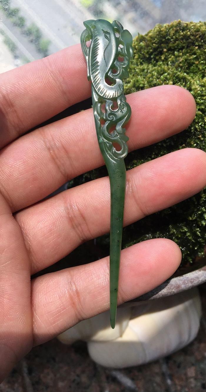 清代 和田碧玉 龙凤纹 发簪