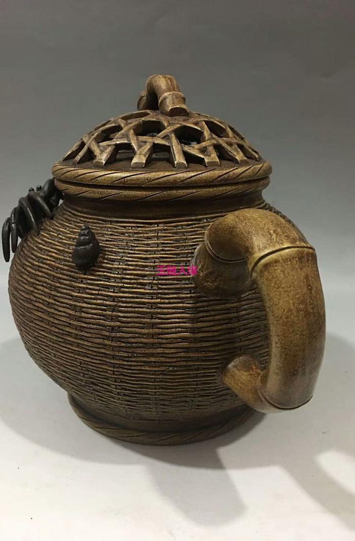 钱菊芳款竹编紫砂壶18x25