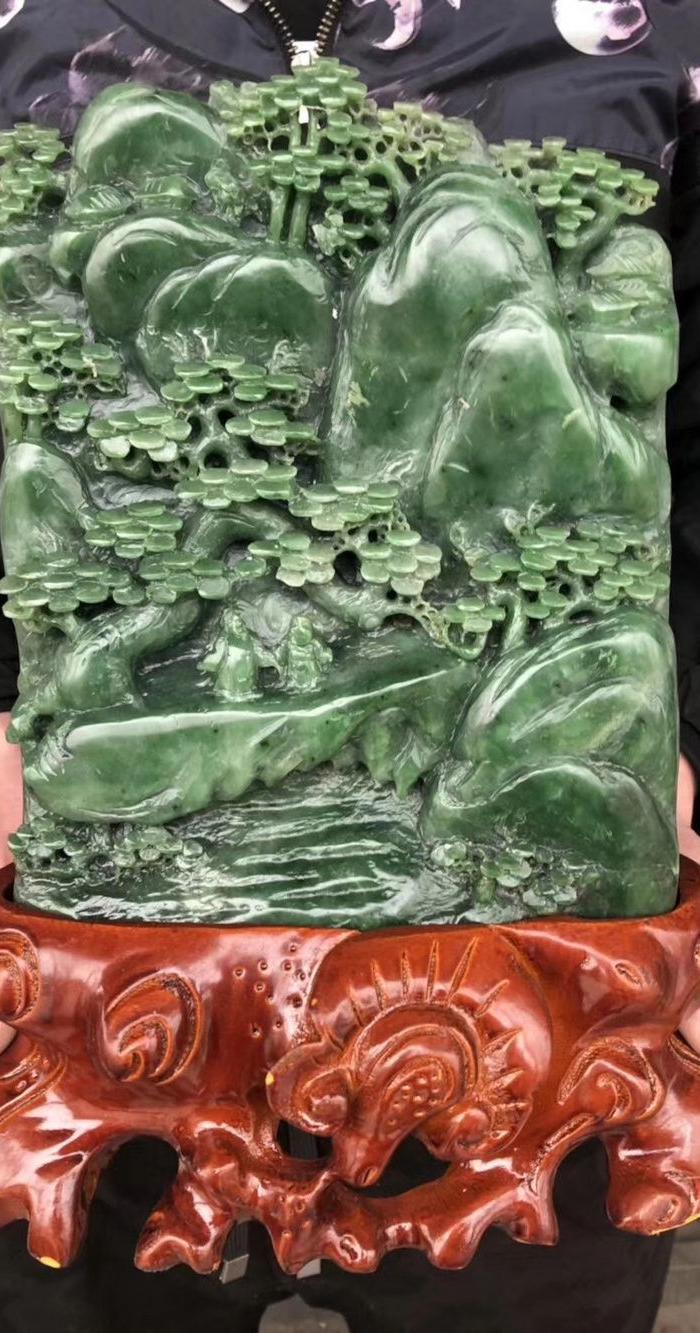 大个和田碧玉,山水人物亭台楼阁山子摆件