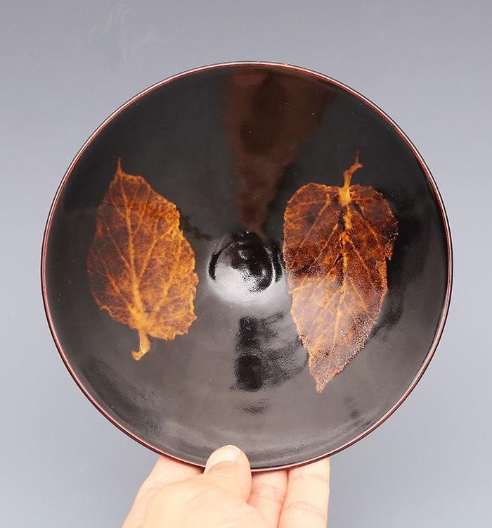 吉州窑 黑釉木叶碗双叶茶盏