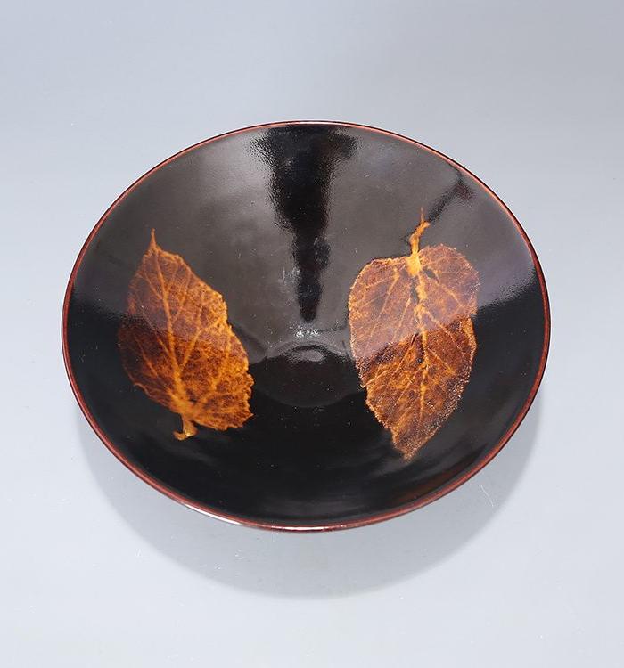 吉州窑 黑釉木叶碗双叶茶盏
