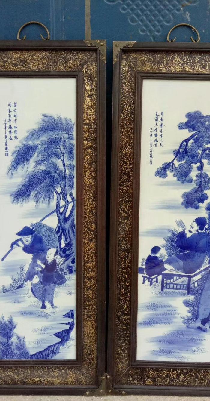 铜*镶青花《渔樵耕读》四扇挂屏 珠山八友之王步作