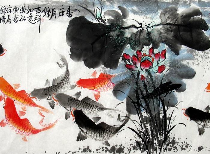 何奕勇手绘国画四尺荷花九鱼图 连年有余