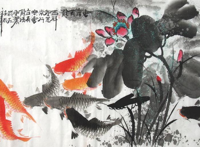 何奕勇手绘国画四尺荷花九鱼图 连年有余