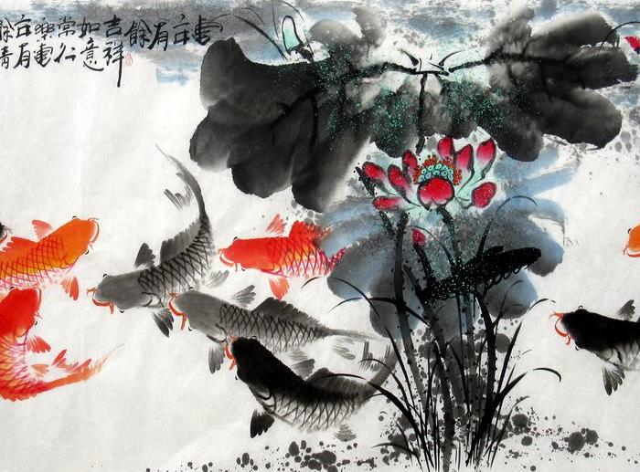 何奕勇手绘国画四尺荷花九鱼图 连年有余