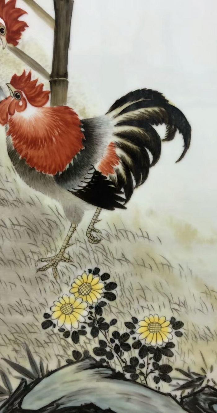 粉彩雄鸡瓷板 邓肖禹款