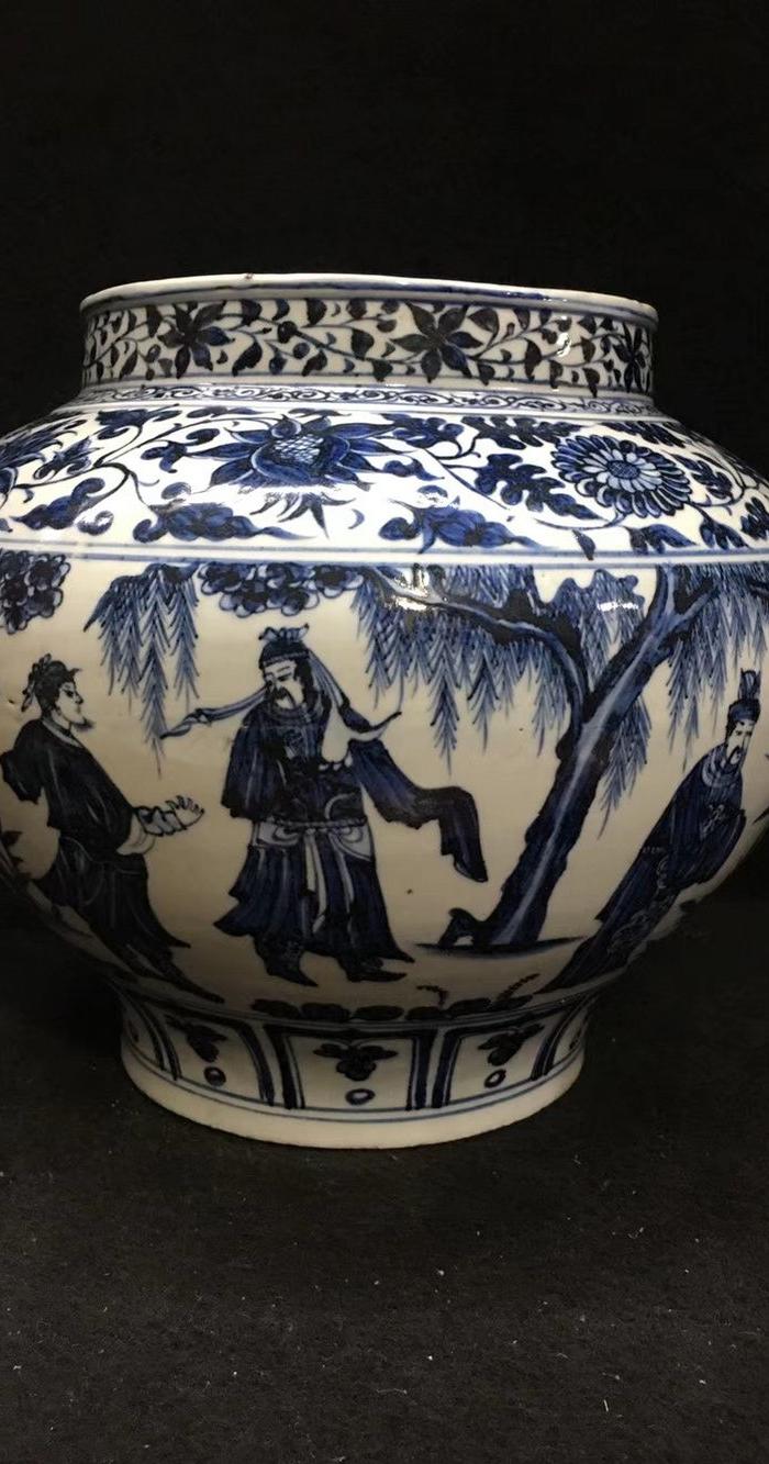 元青花三顾茅庐罐,高度28肚径33