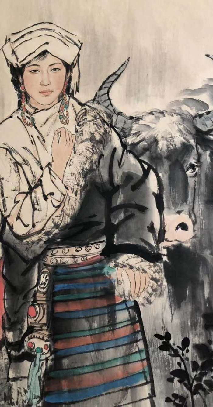 谭乃麟 立轴 少数民族 美女与牛
