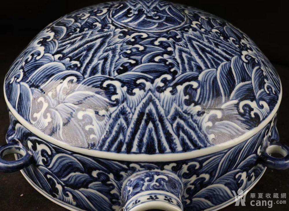 仿古工艺品 瓷器 青花海浪纹扁瓶