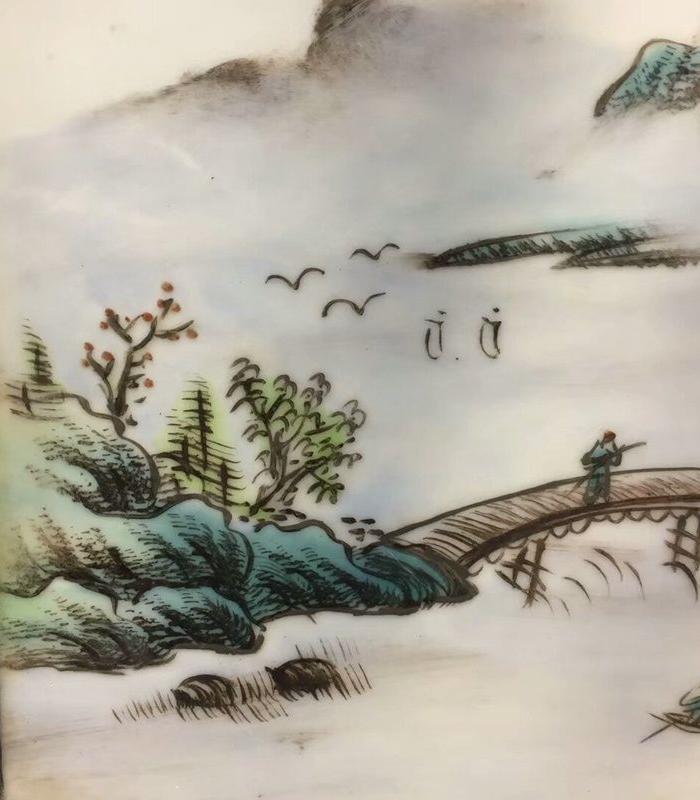 石桥访友瓷板画 邹国均 款,鸡翅木框