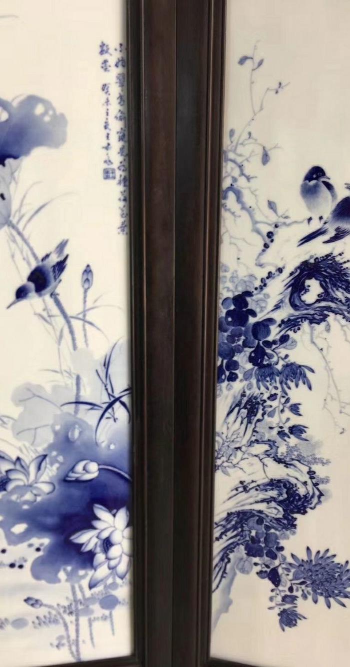 珠山八友之王步作品赏析 红木框架镶精品青花花鸟瓷板七扇座屏