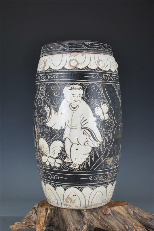 古董古玩古瓷器包真保老宋磁州窑婴戏纹鼔钉盖罐文玩艺术收藏品