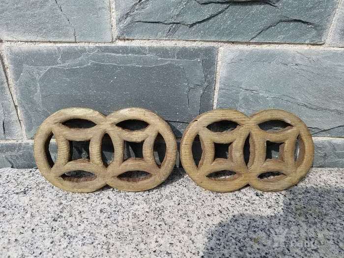 木雕双钱纹花节一对