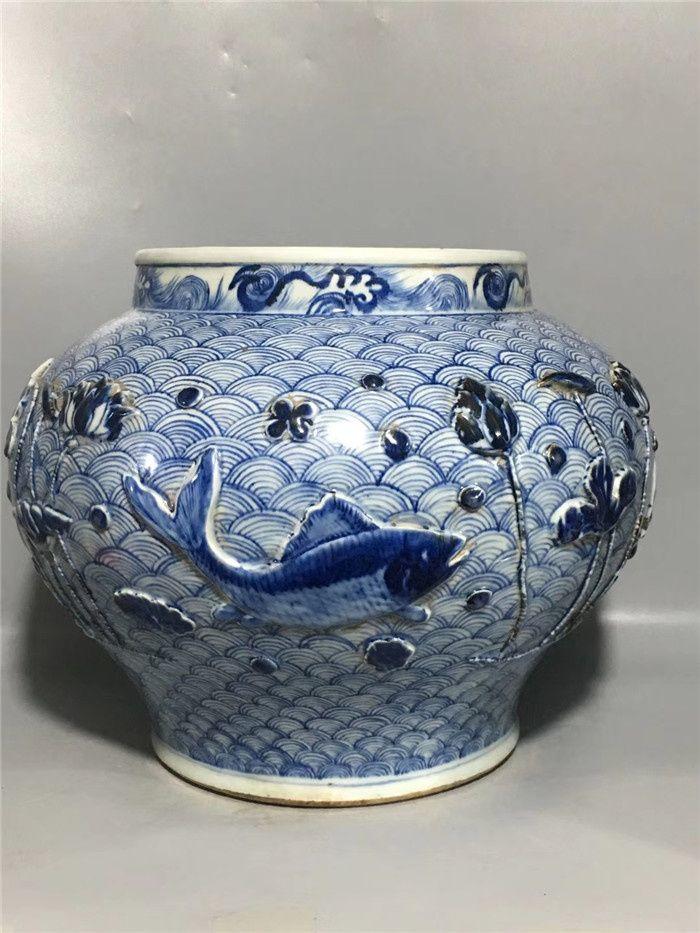 罐价格_青花海水浮雕鱼纹罐图片_来自藏友风光好_瓷器_地摊交易_华夏