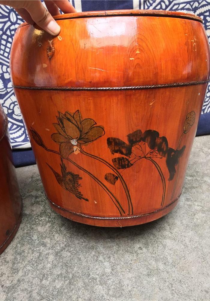 民俗老物件手工绘画老米桶老木桶一对