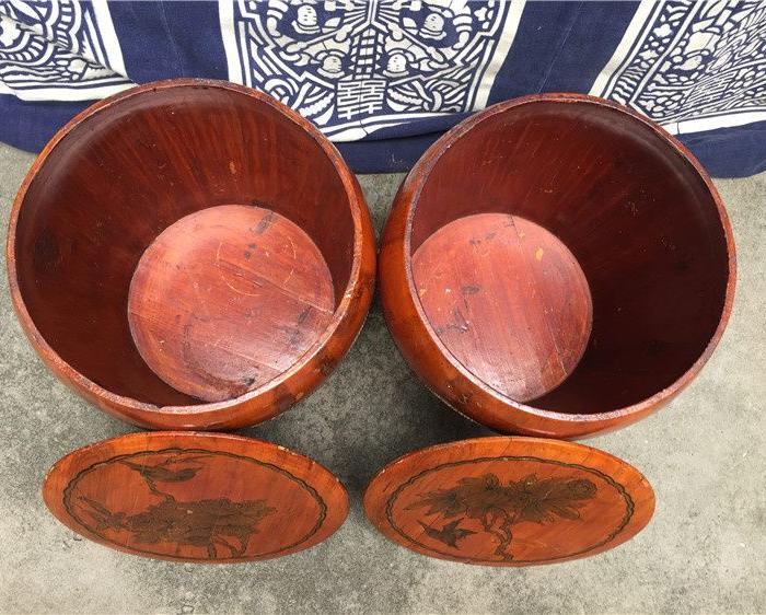 民俗老物件手工绘画老米桶老木桶一对