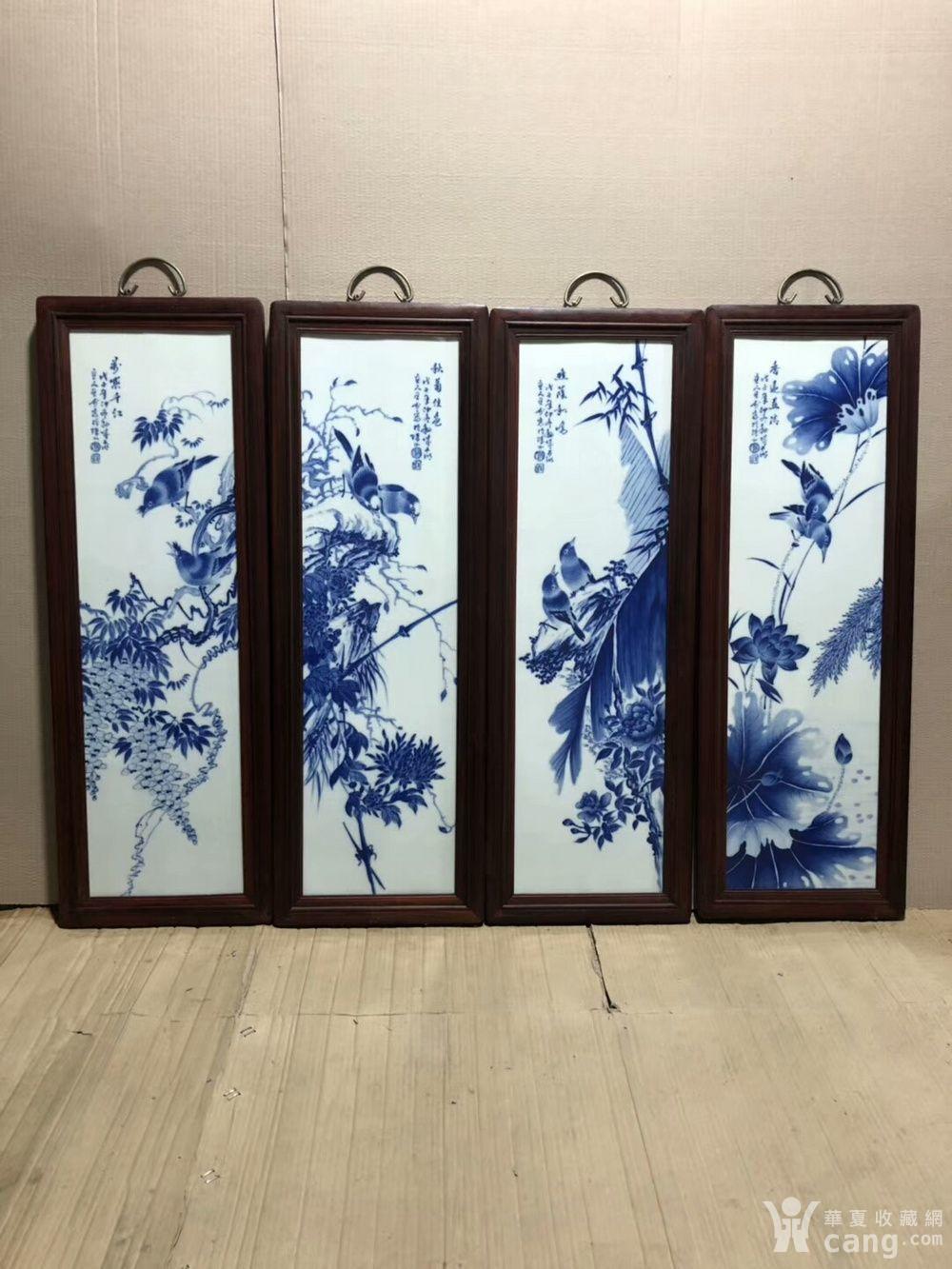 王步青花花鸟瓷板四条屏