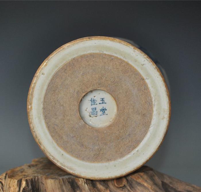 清中期青花人物花鸟纹笔筒玉堂佳器款古董古玩古瓷器保真包老文玩